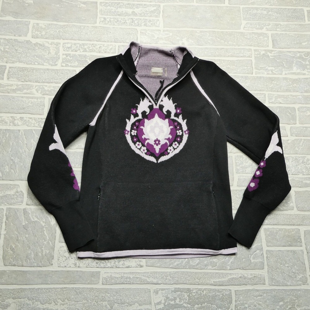 Athleta Heartfire Sweater Womens Medium Black Cotton 1/4 Zip Raglan Sleeve